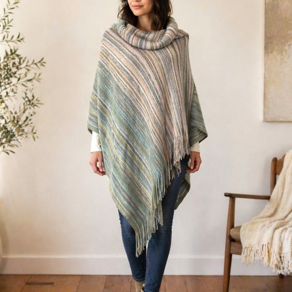 Anthropologie Knit Poncho Fringe Pastel O/S Striped Coastal Boho Saturday Sunday